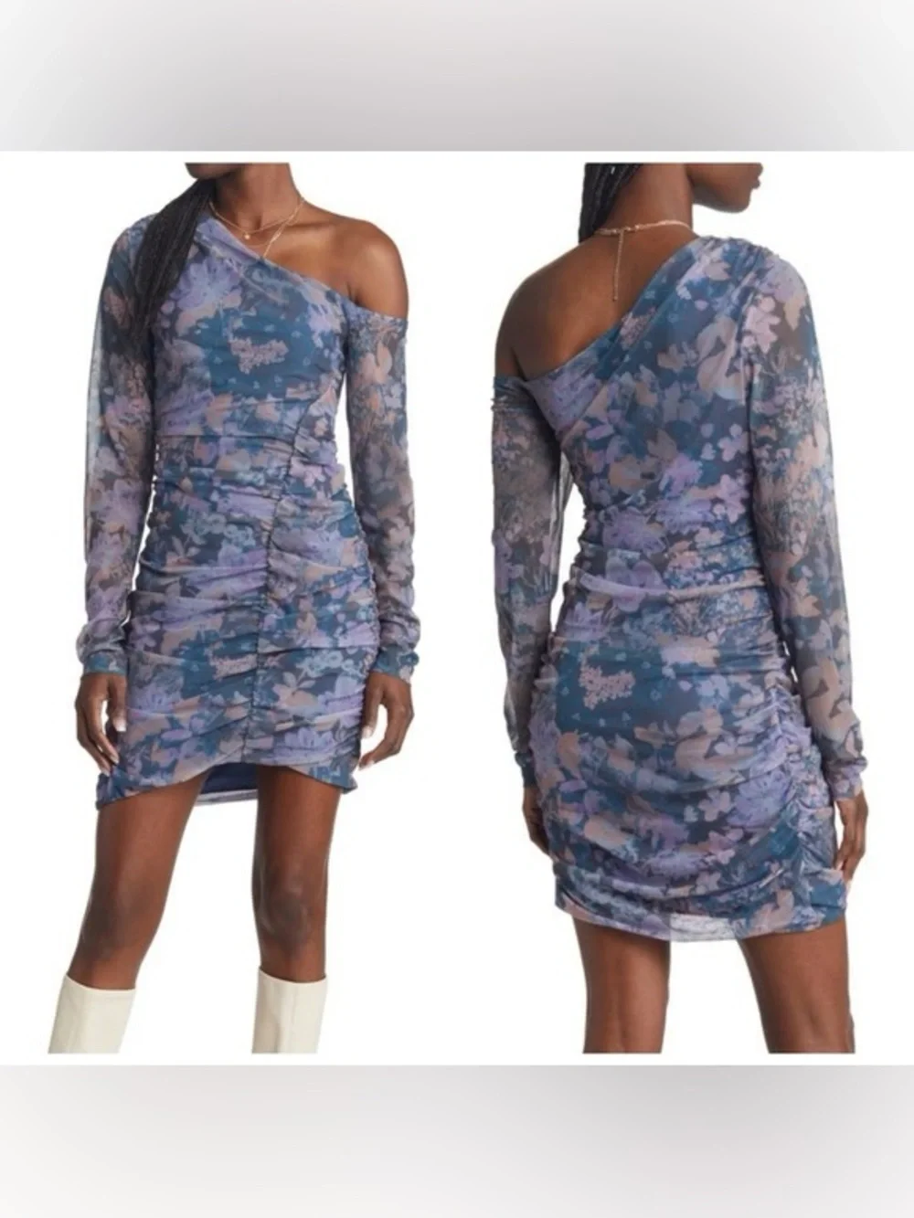 NWT women FREE PEOPLE blue floral mesh off the shoulder long sleeve mini dress s